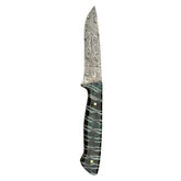 Knife alone, first side: “Damascus hunting knife 26-557 with a swirling blade pattern and dark, striped fossilized mammoth handle