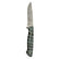 Knife alone, first side: “Damascus hunting knife 26-557 with a swirling blade pattern and dark, striped fossilized mammoth handle