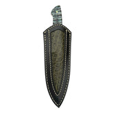 hunting knife 26-557 in its custom sheath, showing the textured front inset and contrasting stitching.