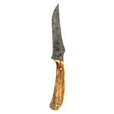 Damascus skinning knife 26-558 with a curved patterned blade and golden-brown fossilized mammoth handle.