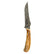Damascus skinning knife 26-558 with a curved patterned blade and golden-brown fossilized mammoth handle.