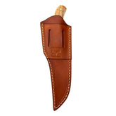 Back of the brown custom sheath for skinning knife 26-558, showing the belt loop and embossed Rapid River logo