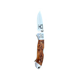 Open Thuya wood Yooper pocket knife 26-559 with a figured brown handle and Limited Edition blade engraving