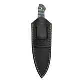 Back of the custom sheath for hunting knife 26-557, showing the belt loop, embossed logo and contrasting stitching