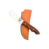 Beavertail Skinning Knife with a Cocobolo handle, resting diagonally across a tan sheath.