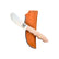 Beavertail Skinning Knife with a Curly Maple handle, resting diagonally across a tan sheath.