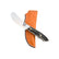  Beavertail Skinning Knife with an Elk Antler handle, resting diagonally across a tan sheath.
