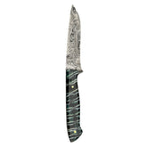 Reverse side of Damascus mammoth hunting knife 26-557, showing the patterned blade and two brass-colored handle pins. 