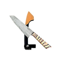Custom 1 of 1 Snake Eye Damascus Fossilized Mammoth Chef's Knife With Custom Leather Guard 26-419