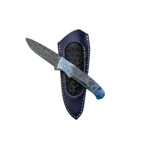 Custom Damascus Fossilized Mammoth Drop Point Hunting Knife With Custom Sheath 26-489