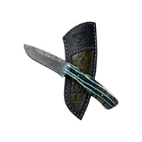 Custom Damascus Fossilized Mammoth Drop Point Hunting Knife With Custom Sheath 26-490
