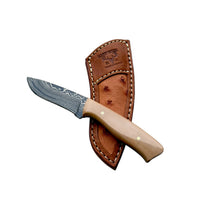 Custom Damascus Fossilized Mammoth Drop Point Hunting Knife With Custom Sheath 26-493