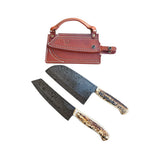 Custom Mosaic Damascus Fossilized Mammoth Butcher Knife Set With Custom Leather Combo Carrying Case 26-498