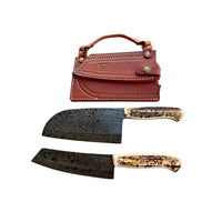Custom Mosaic Damascus Fossilized Mammoth Butcher Knife Set With Custom Leather Combo Carrying Case 26-498