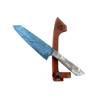 Custom Damascus Fossilized Mammoth Chefs Knife With Custom Leather Guard 26-500