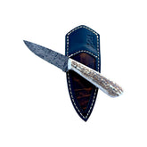 Custom Damascus Antler Hunting Knife With Custom Sheath 26-517