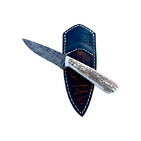 Custom Damascus Antler Hunting Knife With Custom Sheath 26-517