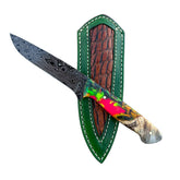 Custom Damascus Acrylic/Burl Hunting Knife With Custom Sheath 26-518