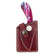 A knife with purple and pink handle, partially inserted into a reddish-brown leather sheath with white stitching and snap closures, shown on a plain white background.