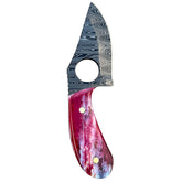 A fixed-blade knife with a Damascus steel blade and a marbled red and pink  handle, shown against a plain white background.
