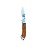 Open Osage orange wood Yooper pocket knife 26-560 with a striped wood handle and Limited Edition blade engraving.