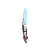 Reverse side of Purple Heart Yooper pocket knife 26-553 with blade open, purple wood handle and silver pocket clip