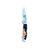 Yooper pocket knife 26-552 with blade open, dark acrylic and tan burl handle, and Limited Edition blade marking.