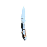 Reverse side of Yooper pocket knife 26-552 with blade open, dark acrylic and tan burl handle, and silver pocket clip.