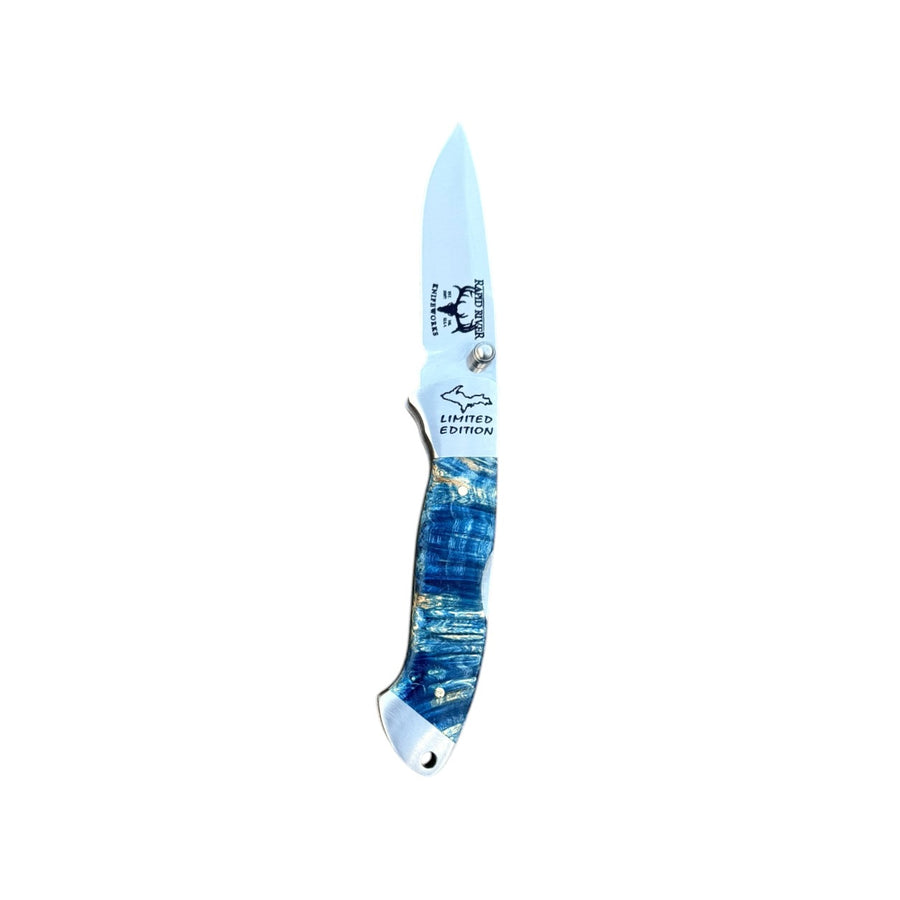 Yooper pocket knife 26-541 with blade open, blue box elder burl handle with pale gold grain and Limited Edition blade marking