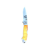 Yooper pocket knife 26-543 with blade open, golden-yellow box elder burl handle and Limited Edition blade marking