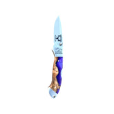 Yooper pocket knife 26-550 with blade open, purple acrylic and tan burl handle, and Limited Edition blade marking.