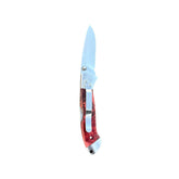 Reverse side of Yooper pocket knife 26-538 with blade open, red box elder burl handle and silver pocket clip