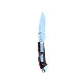 Reverse side of Yooper pocket knife 26-539 with blade open, dark burgundy box elder burl handle and silver pocket clip