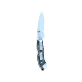 Reverse side of Yooper pocket knife 26-549 with blade open, blue-gray box elder burl handle and silver pocket clip.