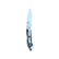 Reverse side of Yooper pocket knife 26-549 with blade open, blue-gray box elder burl handle and silver pocket clip.
