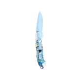 Reverse side of Yooper pocket knife 26-541 with blade open, blue box elder burl handle and silver pocket clip.