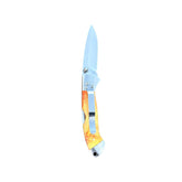 Reverse side of Yooper pocket knife 26-543 with blade open, golden-yellow box elder burl handle and silver pocket clip.