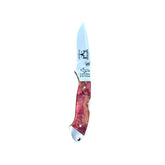 Yooper pocket knife 26-546 with blade open, pink-red box elder burl handle with golden grain and Limited Edition blade marking.