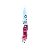 Yooper pocket knife 26-547 with blade open, red dyed box elder burl handle and Limited Edition blade marking