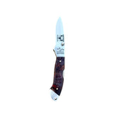 Yooper pocket knife 26-548 with blade open, deep purple dyed box elder burl handle and Limited Edition blade marking