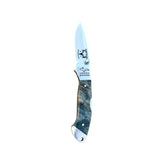 Yooper pocket knife 26-549 with blade open, blue-gray dyed box elder burl handle and Limited Edition blade marking
