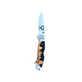 Yooper pocket knife 26-551 with blade open, dark acrylic and golden burl handle, and Limited Edition blade marking
