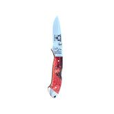 Yooper pocket knife 26-538 with blade open, red box elder burl handle with dark swirling grain and Limited Edition blade marking.