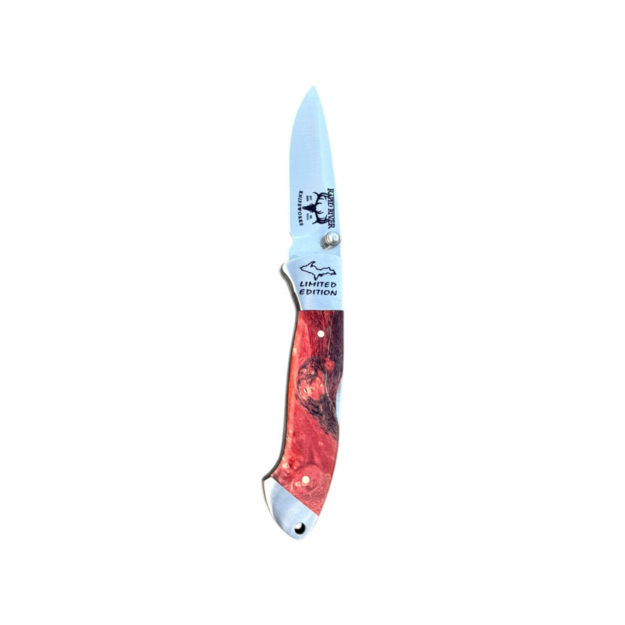 Yooper pocket knife 26-538 with blade open, red box elder burl handle with dark swirling grain and Limited Edition blade marking.