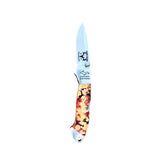 Yooper pocket knife 26-540 with blade open, red, cream and black box elder burl handle and Limited Edition blade marking