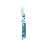 Yooper pocket knife 26-542 with blade open, blue box elder burl handle with golden flecks and Limited Edition blade marking