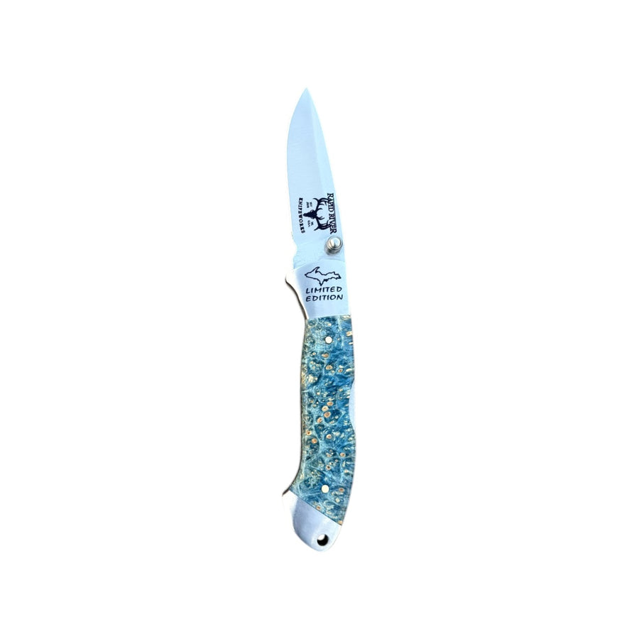 Yooper pocket knife 26-542 with blade open, blue box elder burl handle with golden flecks and Limited Edition blade marking
