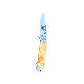 Yooper pocket knife 26-544 with blade open, yellow-orange box elder burl handle and Limited Edition blade marking