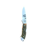Yooper pocket knife 26-545 with blade open, olive-green and tan box elder burl handle and Limited Edition blade marking