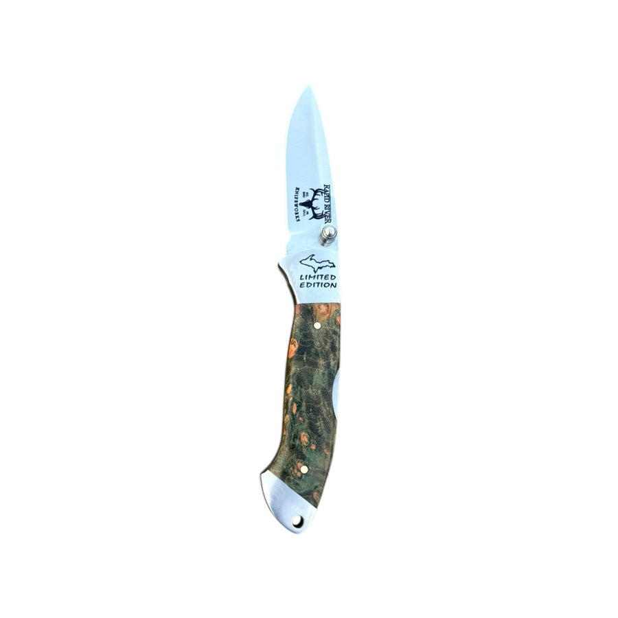 Yooper pocket knife 26-545 with blade open, olive-green and tan box elder burl handle and Limited Edition blade marking